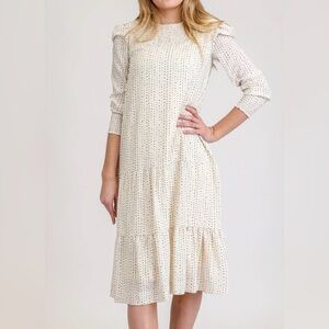 White Midi Sundress with polka dots with Puff Sleeves